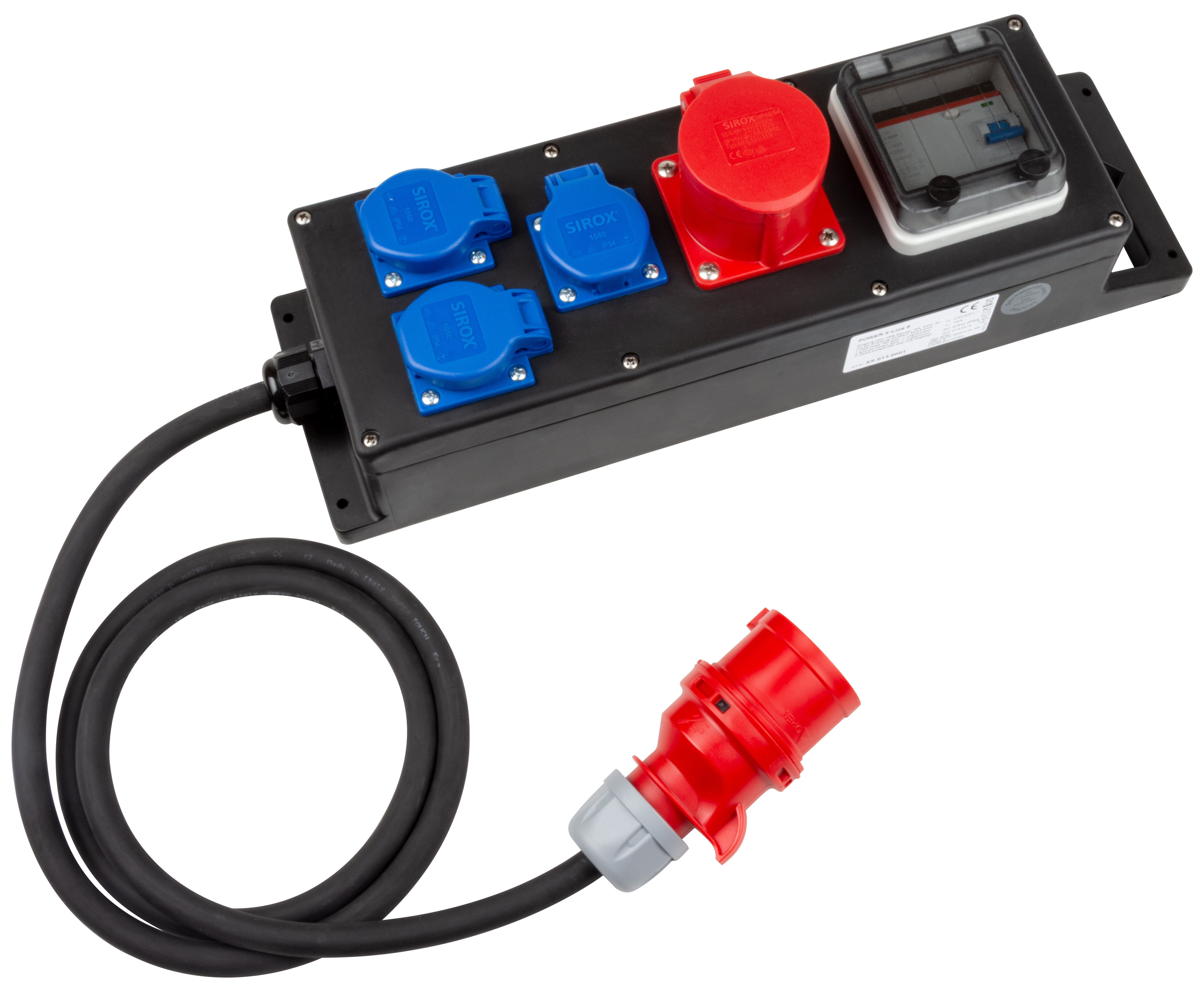 Kunststoff-Kleinverteiler  - Eingang CEE-Stecker, 16A, 400V / Ausgang 1 x CEE Dose 16A, 400 V  + 3 x Schutzkontakt-Dose 230V