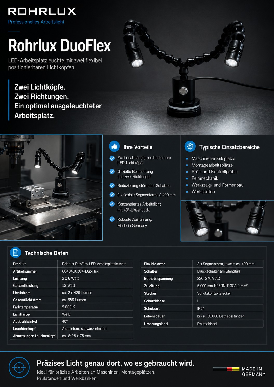 Rohrlux DuoFlex – LED-Arbeitsplatzleuchte mit zwei flexibel positionierbaren Lichtköpfen