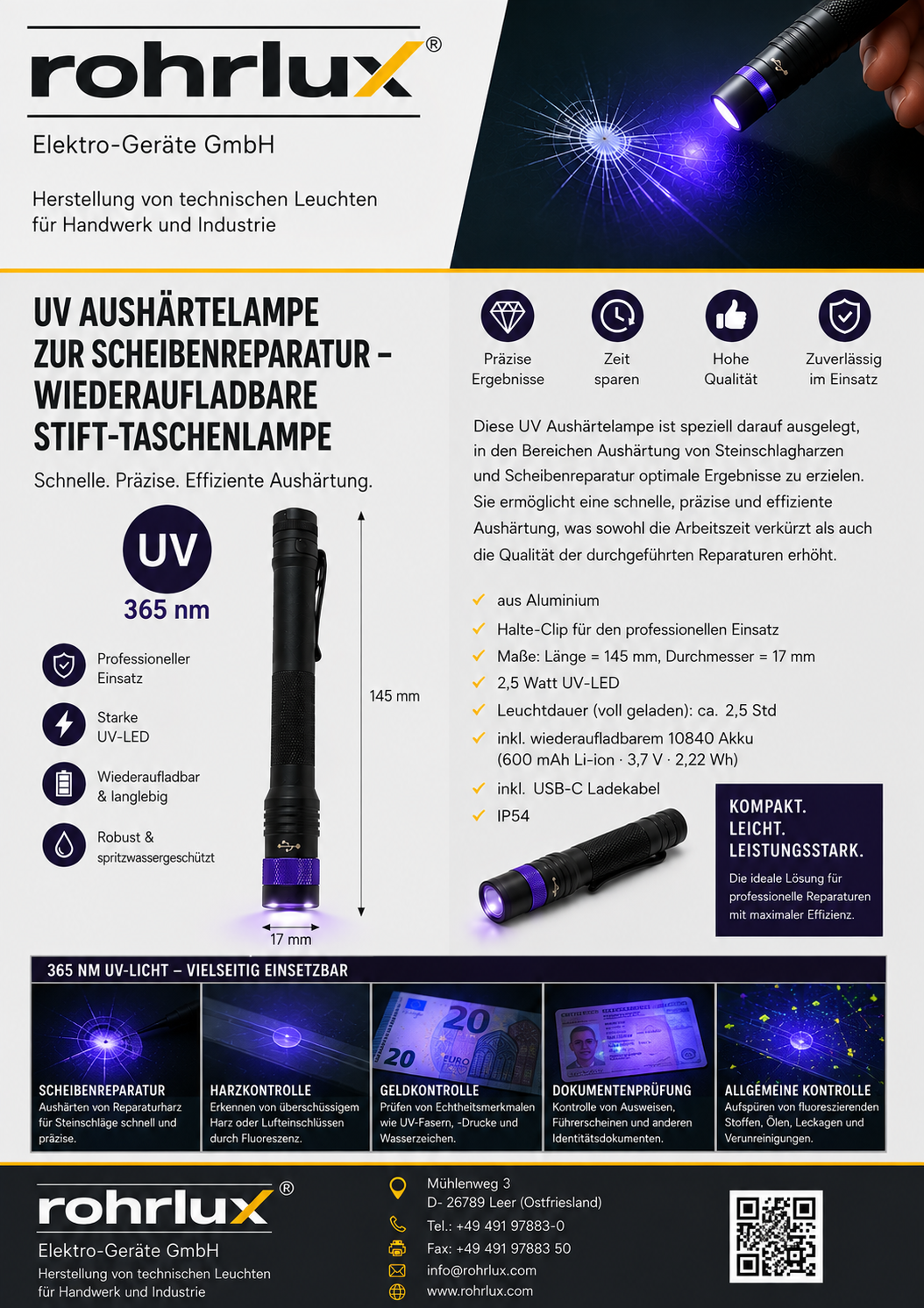 LED pen torch 250 lumens - with rechargeable battery